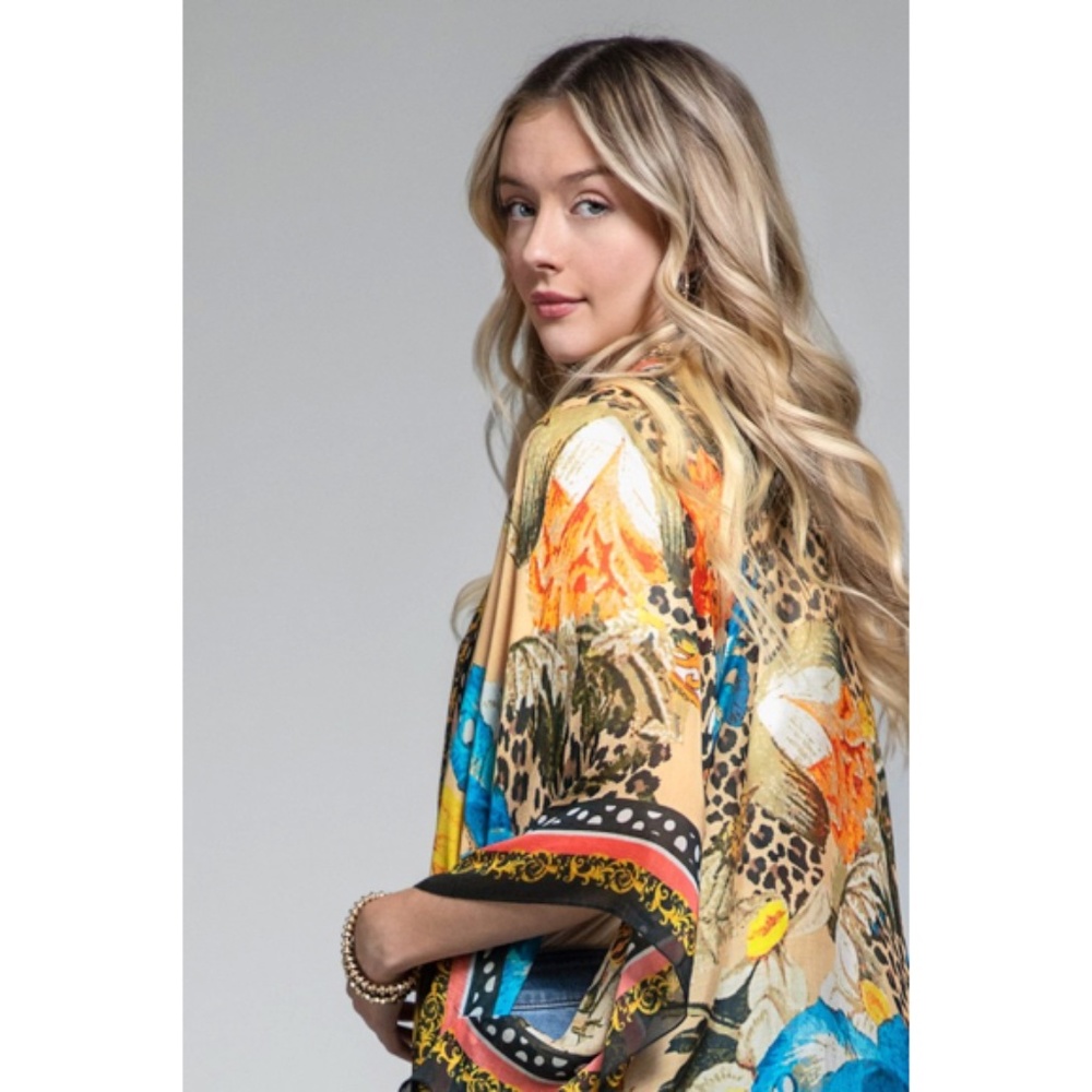 SOLD OUT Milan Colorful Leopard Animal Print & Floral Border Kimono Wrap Coverup - Picture 13 of 15